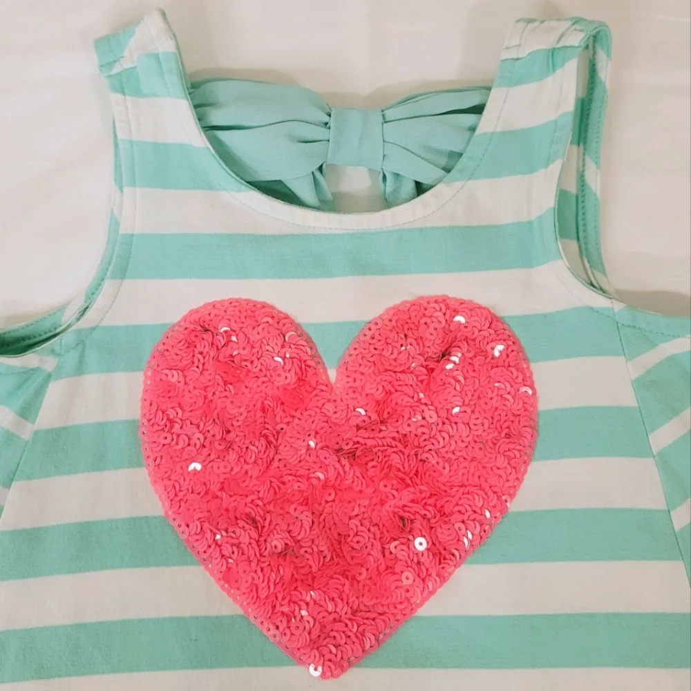 Tommy Bahama Mint Green Striped Dress with Pink Heart Sequins Accent Size S 5/6 - Picture 3 of 10